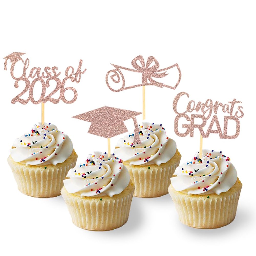 2026 Graduation Theme Cupcake Toppers Glitter Class of 2026 Graduation Cap Diploma Cupcake Picks - Set of 24 (Rose Gold2)