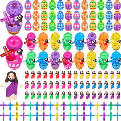 Barydat 144 Pcs Mini Jesus Figures 48 Fillable Easter Eggs 48 Crystal Cross Necklace 48 Little Figurine Jesus Tiny Gift Religious Pre Inside Easter Egg Stuffers Party Gifts(Style Pattern)