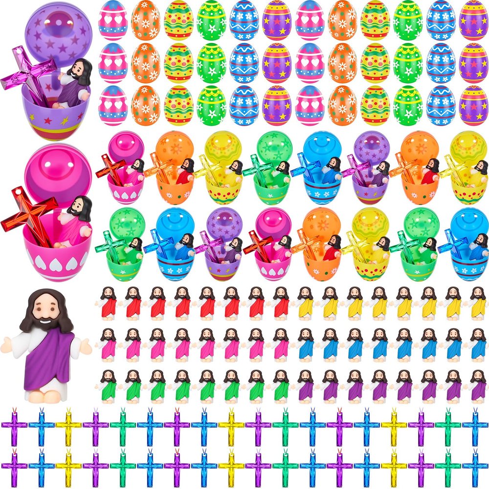 Barydat 144 Pcs Mini Jesus Figures 48 Fillable Easter Eggs 48 Crystal Cross Necklace 48 Little Figurine Jesus Tiny Gift Religious Pre Inside Easter Egg Stuffers Party Gifts(Style Pattern)