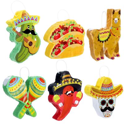 6 Pcs Mini Piata Set Fiesta Mexican Party Table Decoration Cinco De Mayo Decoration Taco Cactus Chili Maracas Alpaca Skull Hat Piata for Mexican Party Birthday Stuffer