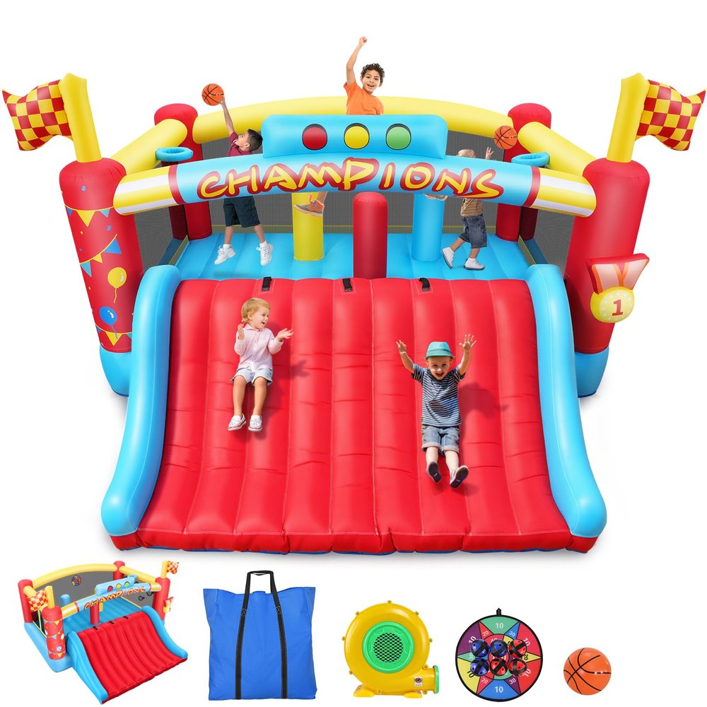 Inflatable Bounce House for Big Kids, 13.4x13 FT Large Bouncy Castle Upgraded Extra-Wide Slide, Blow Up Jumping Bouncer with Obstacle Poles & Target Toss Game, Champion Race Car Theme