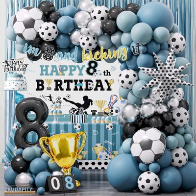 Soccer 8th Birthday Party Decorations Kit for Boys Soccer Birthday Party Supplies Set Soccer Football Party Decor with Backdrop Tablecloth Cake and Cupcake Toppers for 8-Year-Old Kids Boys Party Decor