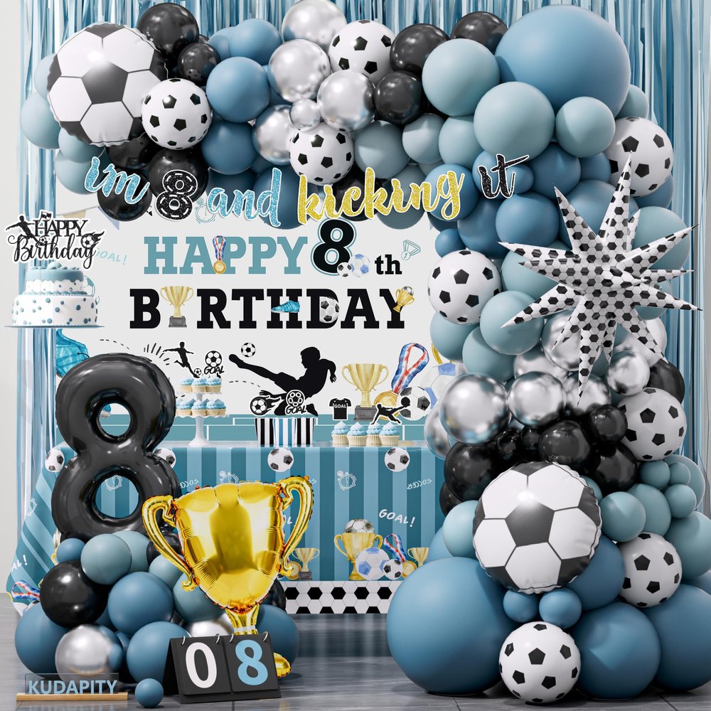Soccer 8th Birthday Party Decorations Kit for Boys Soccer Birthday Party Supplies Set Soccer Football Party Decor with Backdrop Tablecloth Cake and Cupcake Toppers for 8-Year-Old Kids Boys Party Decor