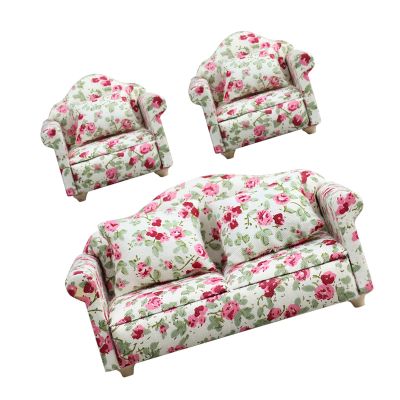 1. 1/12 Scale Sofa Set 3pc Floral Accents Soft Fabric Furniture Washable Miniature Living Room Decor Parent Interactive Dollhouses Set