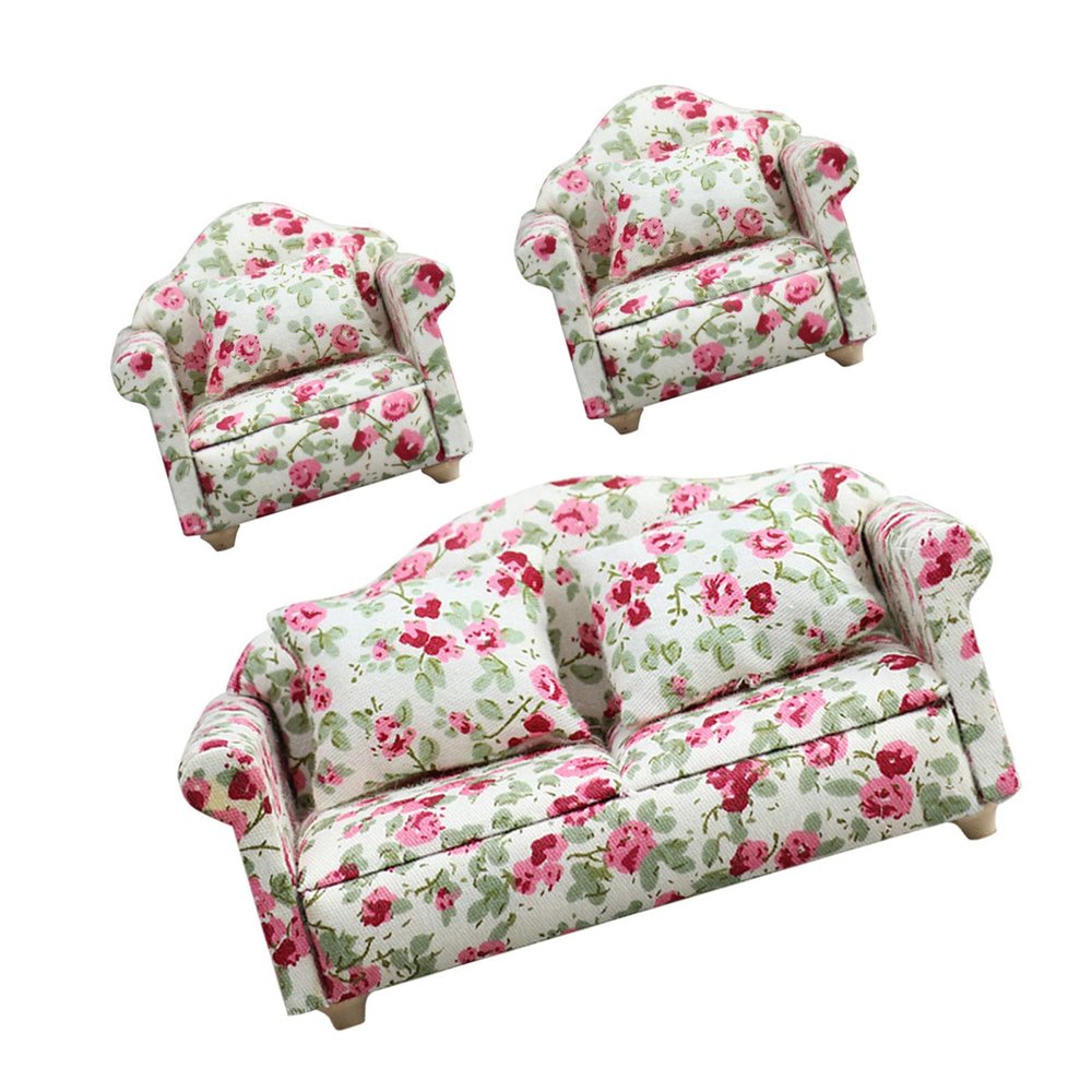 1. 1/12 Scale Sofa Set 3pc Floral Accents Soft Fabric Furniture Washable Miniature Living Room Decor Parent Interactive Dollhouses Set