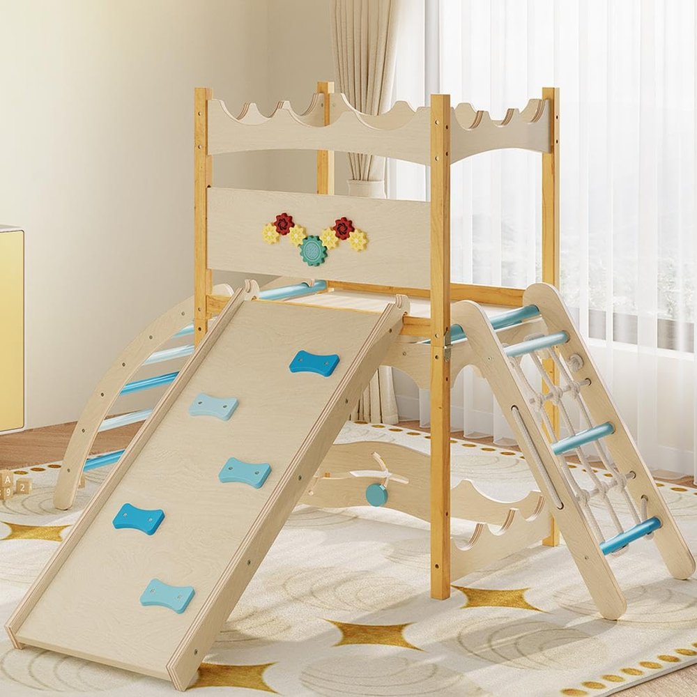 6-in-1 Wooden Kids Climbing Toys,Indoor Jungle Gym - Montessori Climbing Set with Slide,Climbing Rock & Net,Ladder,Rest Area,and Circle Labyrinth - Indoor Playground Climber Set for Kids