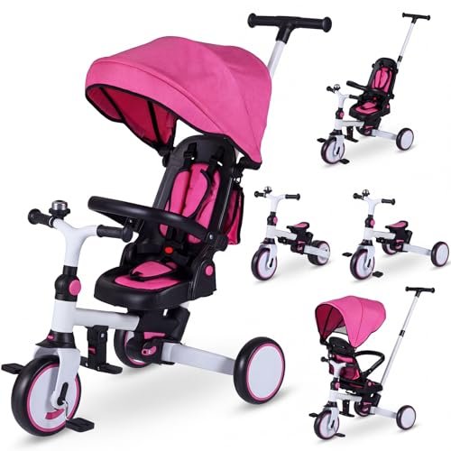 HONEY JOY Tricycle, 9-in-1 Toddler Bike w/Adjustable Push Handle & Canopy, Reversible Seat, Removable Pedal & Folding Rear Wheels, Safety Belt, Storage, Kids Trike for Boys Girls Aged 1-6 (Pink)