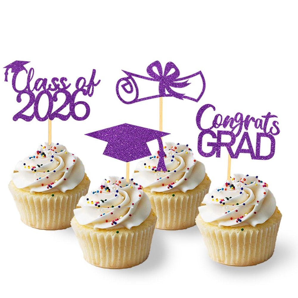 2026 Graduation Theme Cupcake Toppers Glitter Class of 2025 Graduation Cap Diploma Cupcake Picks - Set of 24 (Purple2)