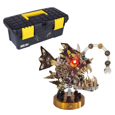 3D Metal Lantern Fish Assembly Model, DIY Steampunk with Color Changing Lamp, Articulated Mechanical Fish Sculpture for Home Office Desk Display, for Adult Collectors, 700PCS
