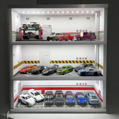 1/64 Scale Model Car Display Case with LED Lights, 3-Tier Garage Scene Showcase, Collectible Display Show Case, Mini Car Parking Space Scene Gift Decoration for Hot Wheels Matchbox Collection