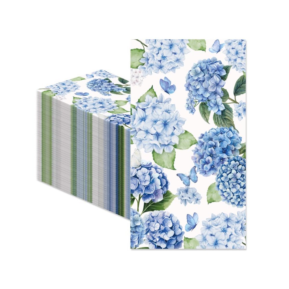 100Pcs Hydrangea Napkins - Watercolor Blue White Floral Butterfly Party Napkins Spring Theme Party Supplies Disposable Luncheon Dinner Napkins 7.8" x4.3" for Wedding Tea Party Bathroom Kitchen