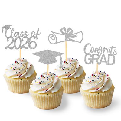 2026 Graduation Theme Cupcake Toppers Glitter Class of 2026 Graduation Cap Diploma Cupcake Picks - Set of 24 (Silver2)