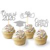 2026 Graduation Theme Cupcake Toppers Glitter Class of 2026 Graduation Cap Diploma Cupcake Picks - Set of 24 (Silver2) view 1