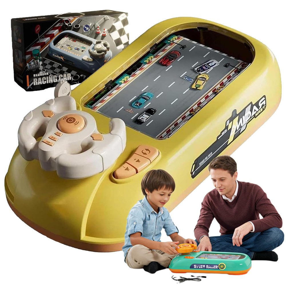 Turborace Interactive Game Set with 200 Challenges, Desktop Car Racing Game with Steering Wheel, Obstacle Avoidance Driving Simulator, Musical Racing Adventure (W)