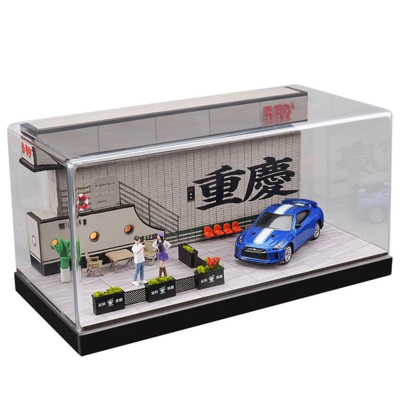 1:64 Scale Chongqing Sunset Restaurant Miniature Scene with Mini Figurine Props, Light-Up, Character Landscape, Suitable for Single Model Vehicle Display, (No Car Included)