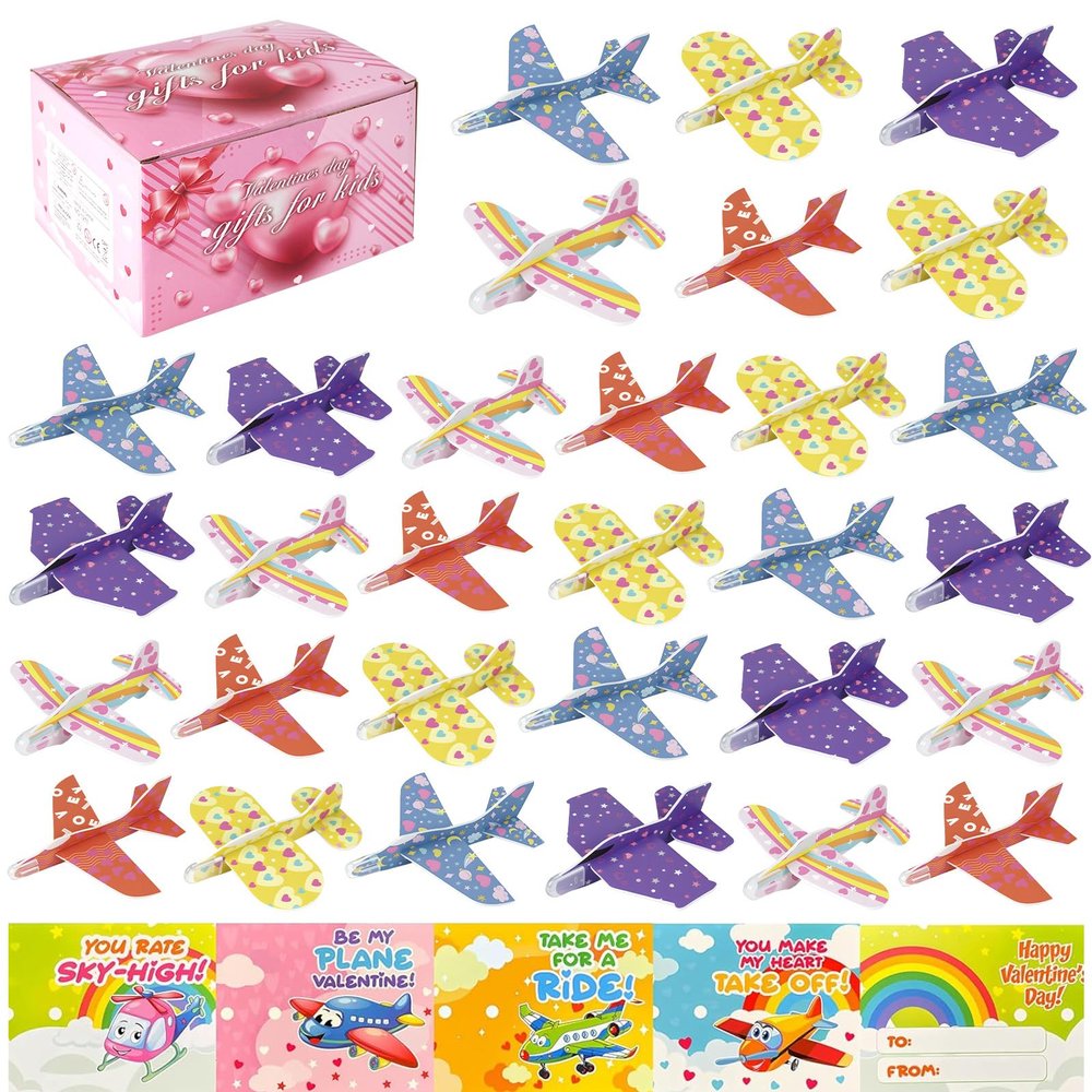 Dayingjiang 28 Pcs Foam Gliders Planes Toys Valentines Day Gifts - Paper Airplane Valentines Day Toys Set for Easter Basket Stuffers Easter Birthday Gifts
