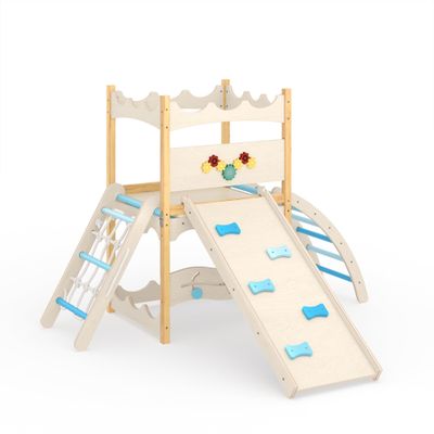Indoor Jungle Gym,6-in-1 Wooden Kids Climbing Toys with Slide,Climbing Rock,Climbing Net,Ladder,Rest Area & Circle Labyrinth  Montessori Indoor Playground Climber Set for Toddlers and Kids