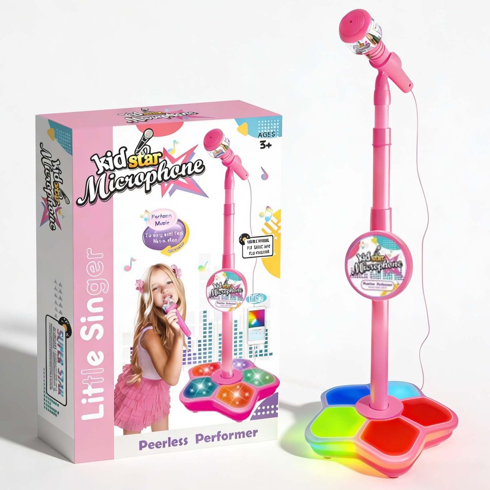 All in One Microphone Toy with Stand, 2026 New Kids Microphone with Music & Light, Speaker & Echo Effects, Adjustable Height, Christmas Birthday Gift (Pink)