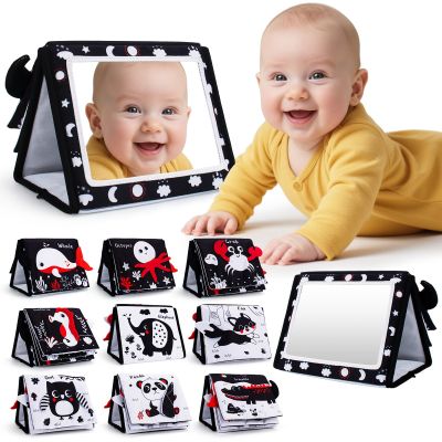 Yohome Tummy Time Mirror, Black and White High Contrast Baby Toys for Babies, Tummy Time Baby Mirror Infant Toys with Crinkle Cloth Book, Brain Development 3D Activity Sensory Mirrors Boys Girls