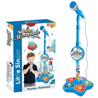 All in One Microphone Toy with Stand, 2026 New Kids Microphone with Music & Light, Speaker & Echo Effects, Adjustable Height, Christmas Birthday Gift (Blue)