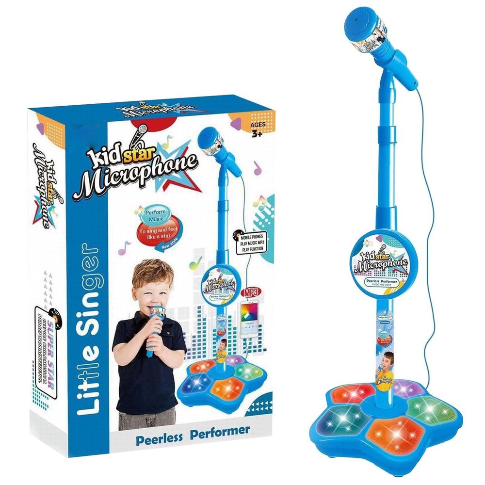 All in One Microphone Toy with Stand, 2026 New Kids Microphone with Music & Light, Speaker & Echo Effects, Adjustable Height, Christmas Birthday Gift (Blue)