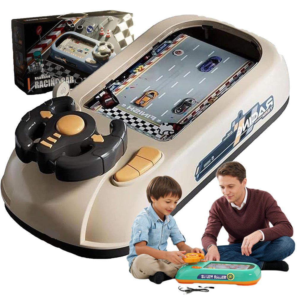 Turborace Interactive Game Set with 200 Challenges, Desktop Car Racing Game with Steering Wheel, Obstacle Avoidance Driving Simulator, Musical Racing Adventure (E)