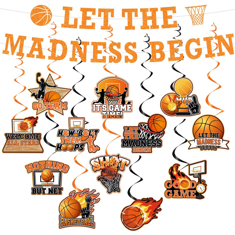 14Pcs March Basketball Party Decorations Basketball LET THE MADNESS BEGIN Banner Hanging Swirls March College Ball Games Sport Theme Party Supplies