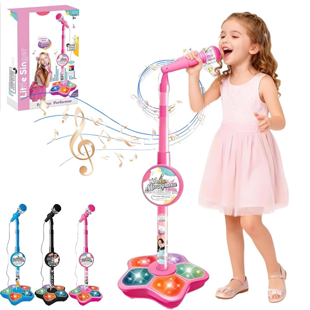 Multifunctional Microphone Children's Music Toy, Karaoke Machine Toy with Light, Star Kids Mini Karaoke Microphone with Stand,with Speaker and Sparkling Light Show LED, Music Play for Kids (Pink)