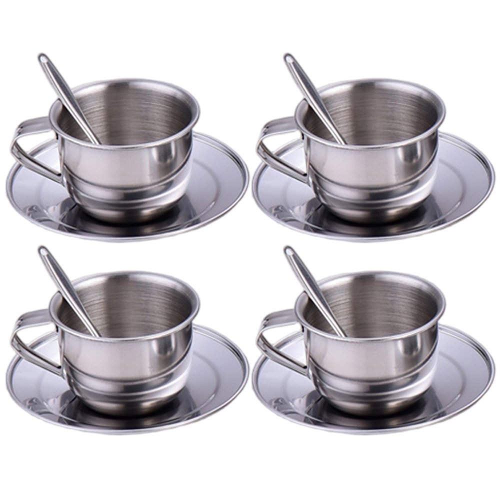 hhhlsl Kids Tea Set Heat-Resistant Stainless Steel Childrens Tea Set with 4 70ml Cup, 4 Saucer and Spoon for Girls and BoysKids