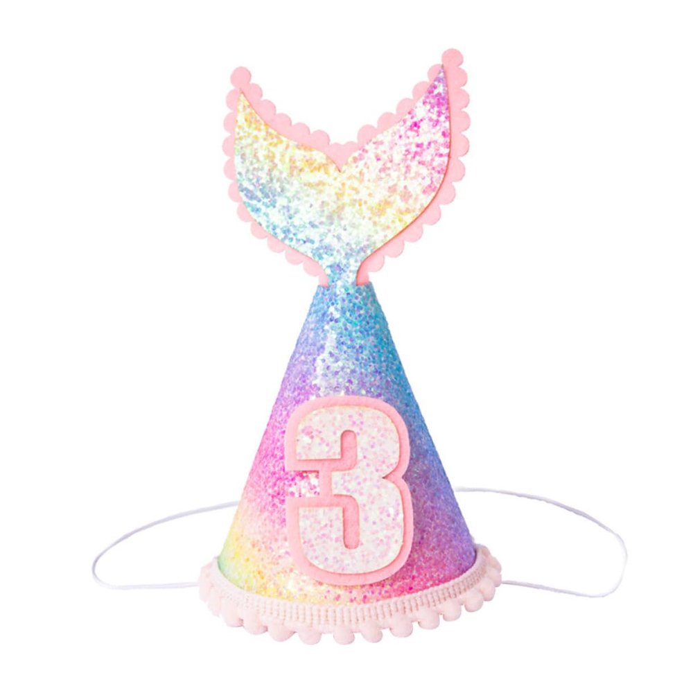 BCOATH Mermaid Tail Birthday Hat for Infants, Rainbow Gradient Sequined Crown Party Hat, 3-Year-Old  Birthday Headwear Supplies