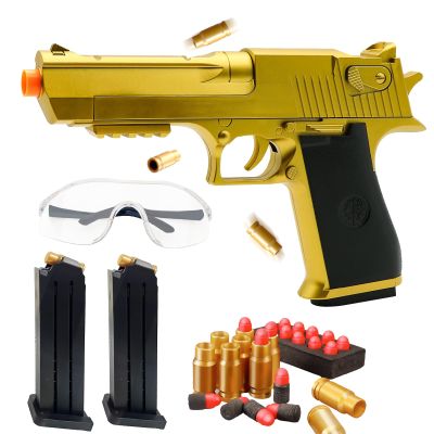 Deluxe Manual Shell Ejecting Toy Gun - Metallic Gold with Orange Tip, Complete Set with Foam Darts, Shells, Mags & Goggles, Realistic Action for Ages 14+