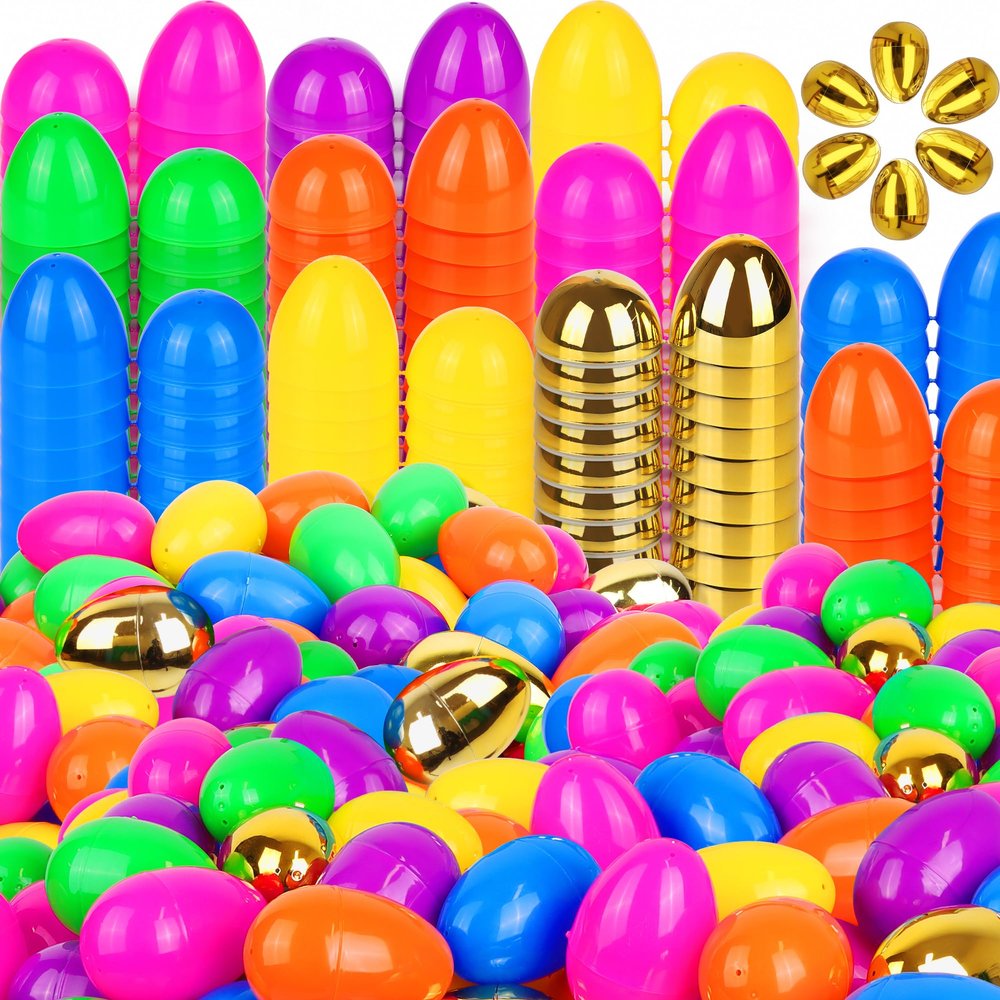 1000 Pack Easter Eggs Bulk Include 12 Surprise Golden Eggs, 2.4" Colorful Fillable Plastic Easter Eggs Empty for Easter Egg Hunt Event, Large Scale Community & School Supplies, Easter Basket Stuffers