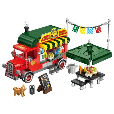 615 PCS Food Truck Building Blocks Set, City Street Taco & Burger Truck Playset with Table and Accessories, Creative Construction Toy for Kids Ages 6+
