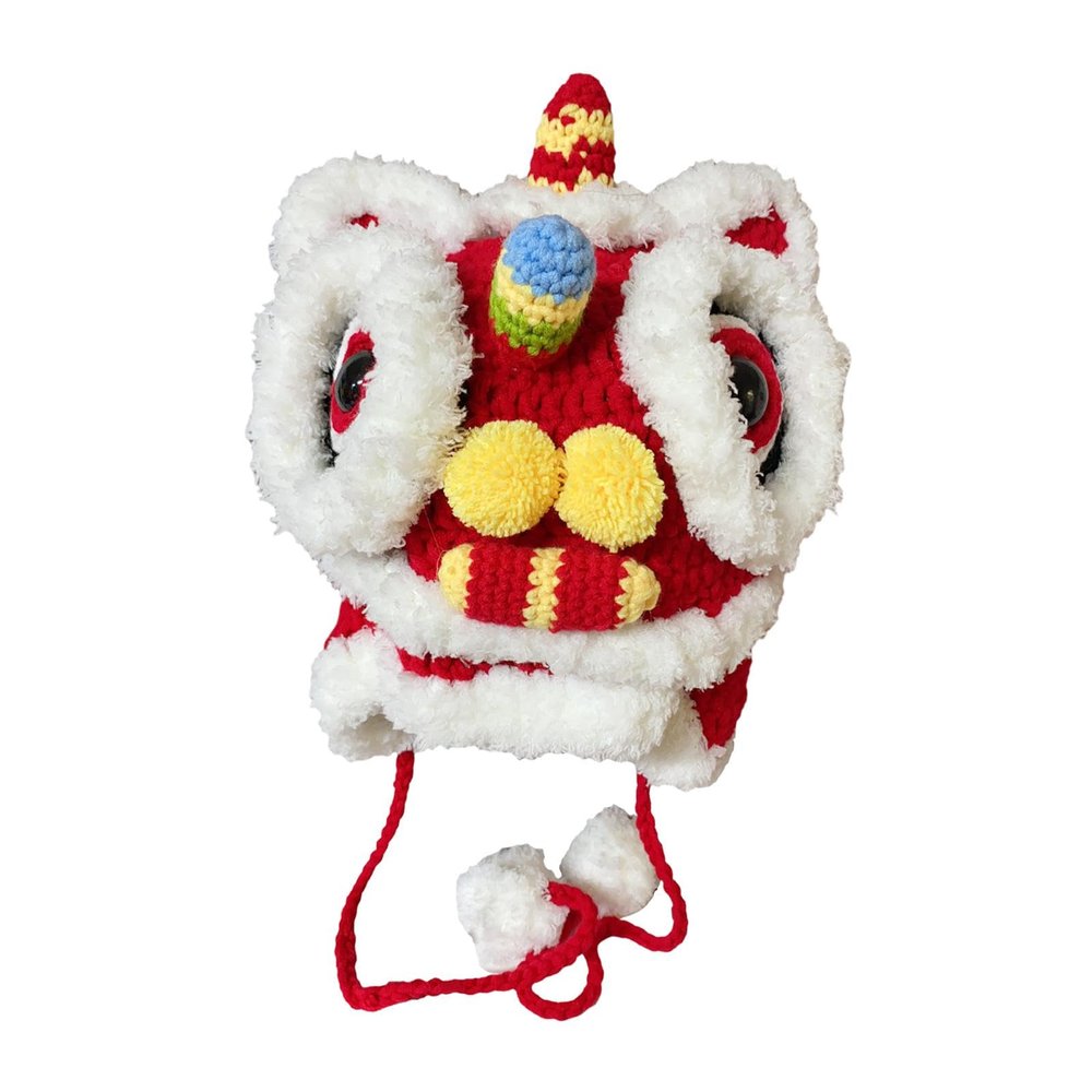 Lion Dance Headgear for Cold Weather with Ear Coverage, Chinese Traditional Performance Hat, Fleece Winter Hat for Boys and Girls, Cultural Costume Accessory- Large