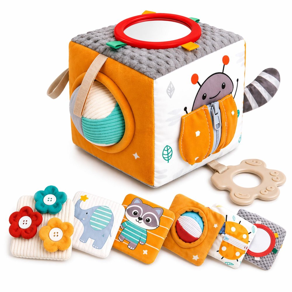 Autumn Bliss Co Baby Activity Cube Toy 8-in-1 for Babies 6-12 Months | Montessori Sensory Cube with Mirror, Teether, Crinkle Textures & Fine Motor Activities | Soft Busy Cube Toy for Toddler