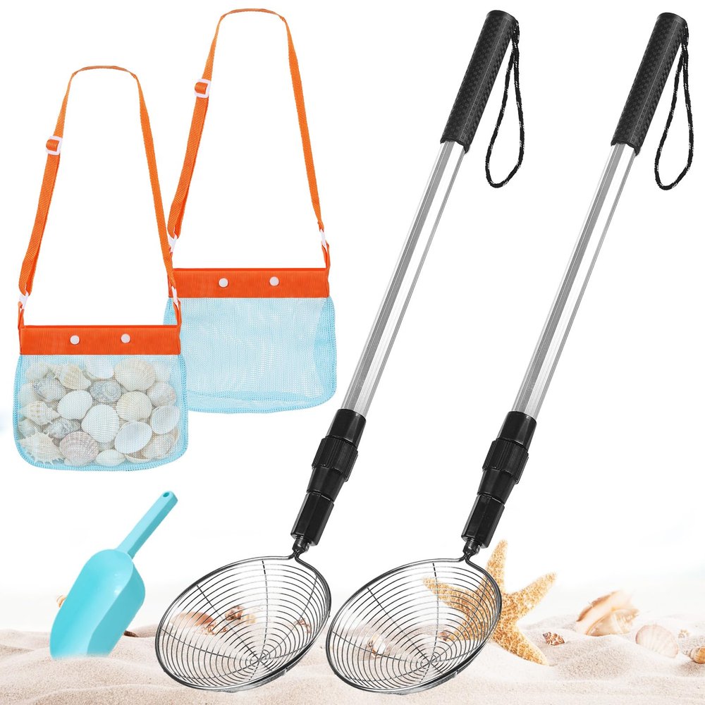 Agolctry 2 Pack Sand Sifter for Beach Shell Scooper with Seashell Bag and Sand Shovel Adjustable Shark Teeth Sifter Shelling Tools for Beach Seashell Collecting and Beachcombing
