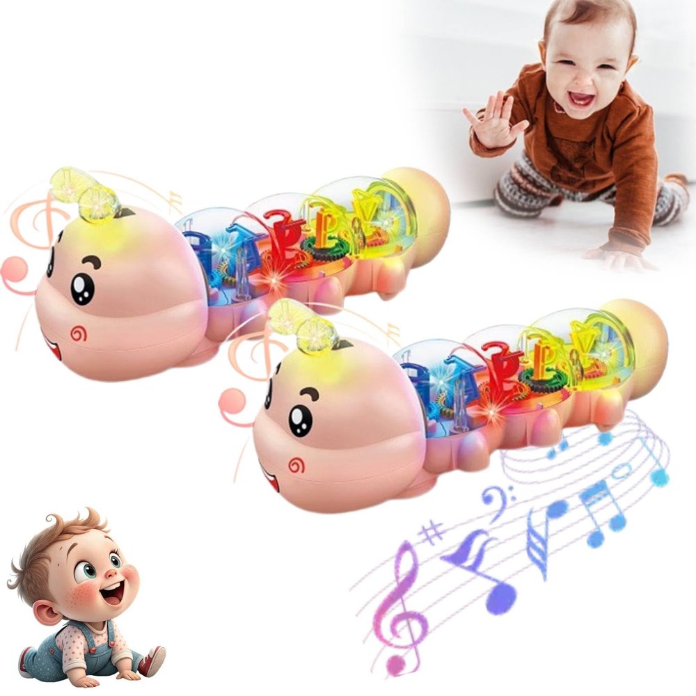 Caterpillar Design Crawling Toy, Interactive Motor Skills Toys with Light & Music Musical Light Up, Early Learning Crawling Companion, Birthday Gifts for Boys and Girl (Pink 2Pcs)