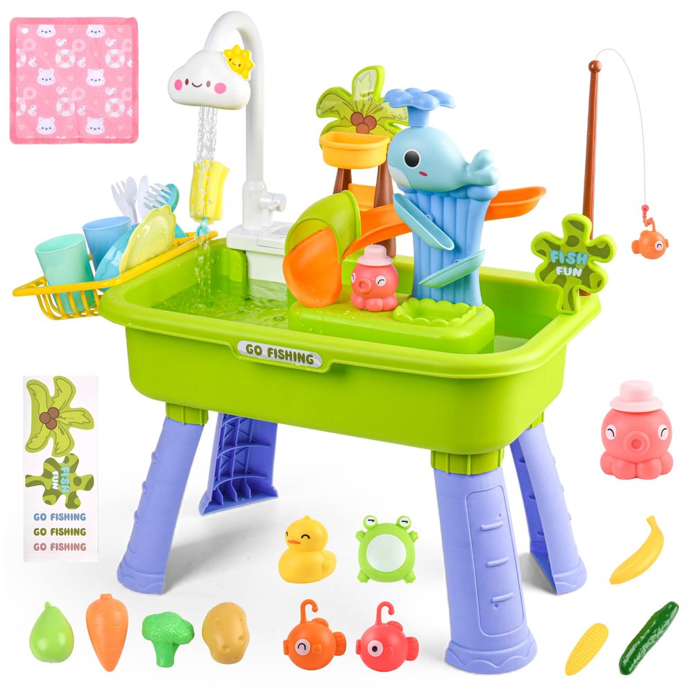 AZTWMYS Toddler Sand Water Table with Electric Pump 4-in-1 Splash Pad & Kitchen Sink Toy Set, Outdoor Backyard Summer Toys for Kids Ages 1-3 3-6, Birthday Gift for Toddler Boys Girls(Blue)