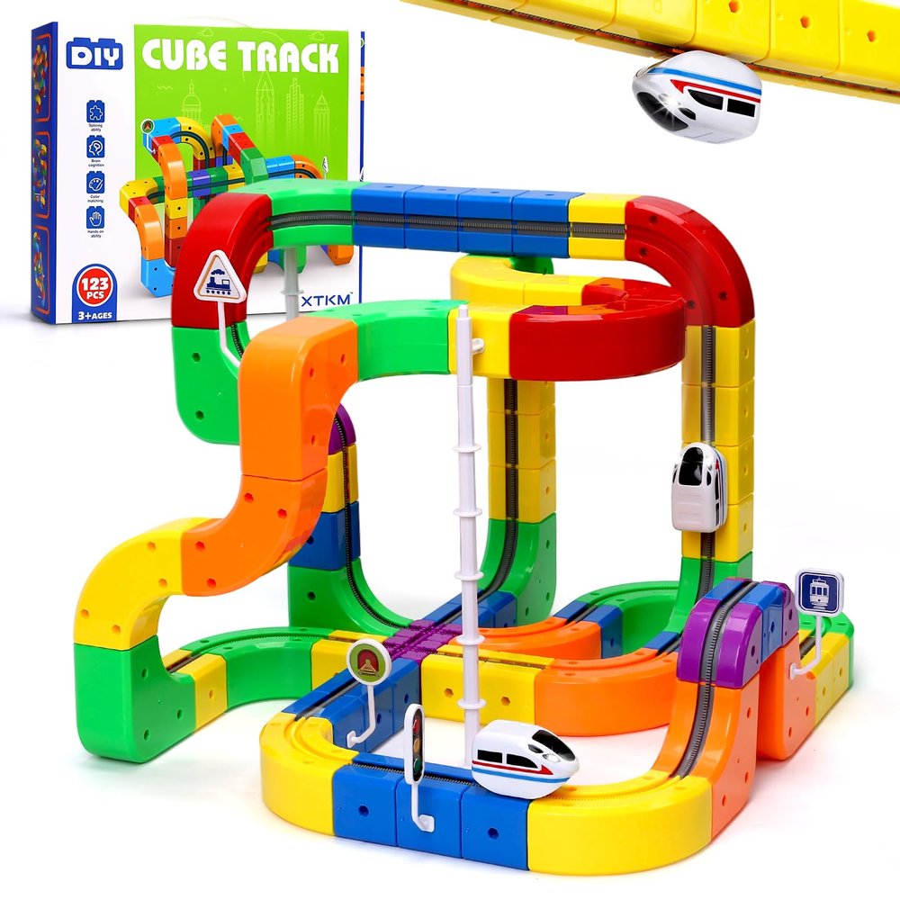 Arnbz 3D Stem Electric Train Set for Kids, Magic Infinity Racer 3D Train with 2 Cars, DIY Assembled Track Vehicle, Create Lab Gravity Tracks, Educational Learning Gift (Random Color Advanced Edition)