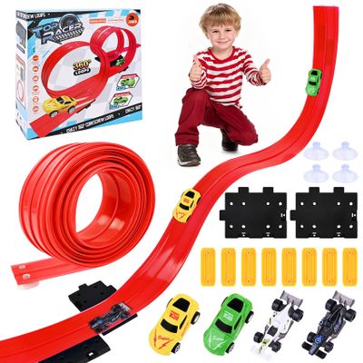Flexible Race Car Track for Kids - Upgrade One Flex Track 16 Ft with Suction Cups & Loop for Ages 3 & Up Classic Red Double Long Rolls Up Portable(Red)