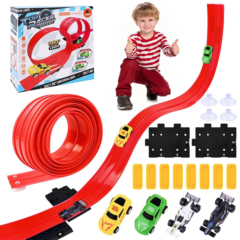 Flexible Race Car Track for Kids - Upgrade One Flex Track 16 Ft with Suction Cups & Loop for Ages 3 & Up Classic Red Double Long Rolls Up Portable(Red)
