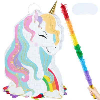 PCFING 20 Inch Unicorn Piata with 30 Inch Piata Stick Blindfold Confetti for Boy Girl Fantasy Princess Birthday Party Game Decorations, Anniversary Celebration, Fiesta