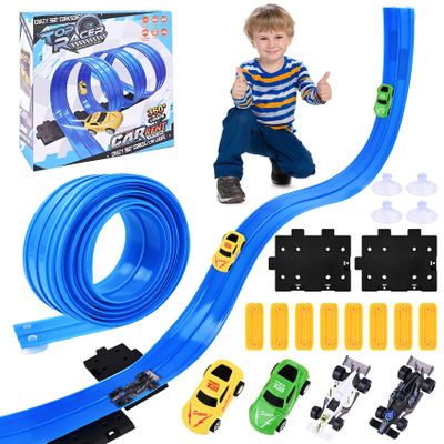 Flexible Race Car Track for Kids - Upgrade One Flex Track 16 Ft with Suction Cups & Loop for Ages 3 & Up Classic Blue Double Long Rolls Up Portable(Blue)