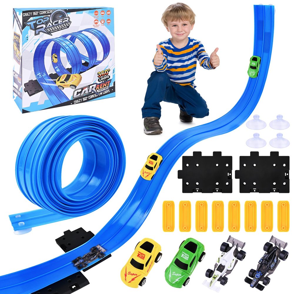 Flexible Race Car Track for Kids - Upgrade One Flex Track 16 Ft with Suction Cups & Loop for Ages 3 & Up Classic Blue Double Long Rolls Up Portable(Blue)