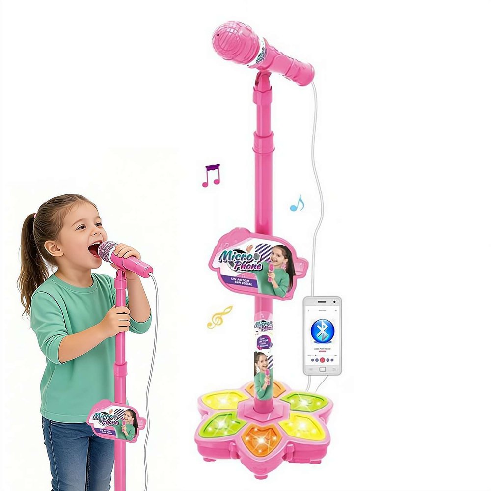 Kids Microphone with Stand, Kid Karaoke Machine for Girls, Toddler Microphones with Lights, Kid Microphones for Singing, Musical Toy for Fun Sound Effects, for Children, Easy-to-Use (Pink)