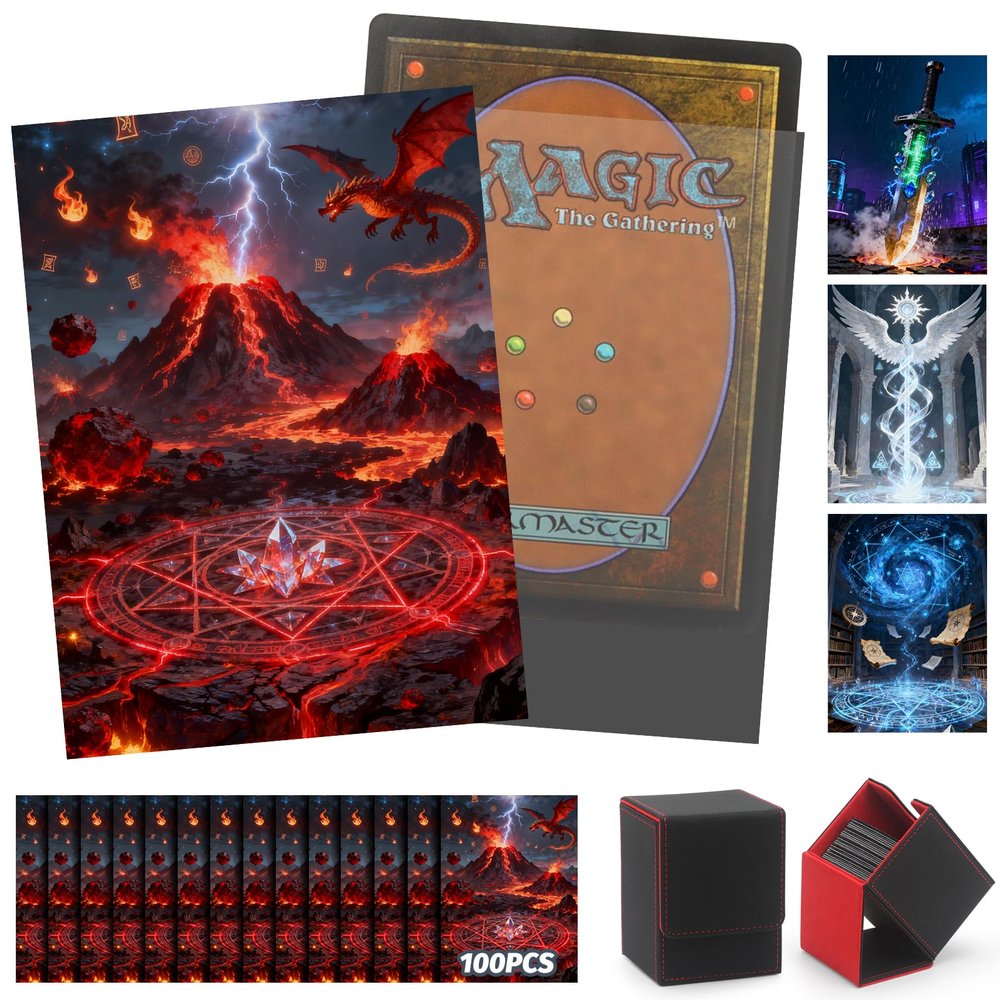 100 MTG Card Sleeves and Commander Deck Box Set, Clear Front & Matte Art Back, Smooth-Shuffle, Magnetic Box Fits 100+ Single-Sleeved Cards Protector for Magic The Gathering TCG (Volcanic Covenant)