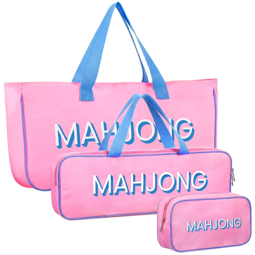 Abbylike Empty Mahjong Bag Set for Tiles and Racks Carry Bag for Mahjong Tiles with 4 Storage Compartments Tote Pouch or Mat Card Pusher Card Game Storage Gifts Accessories(Pink and Blue)