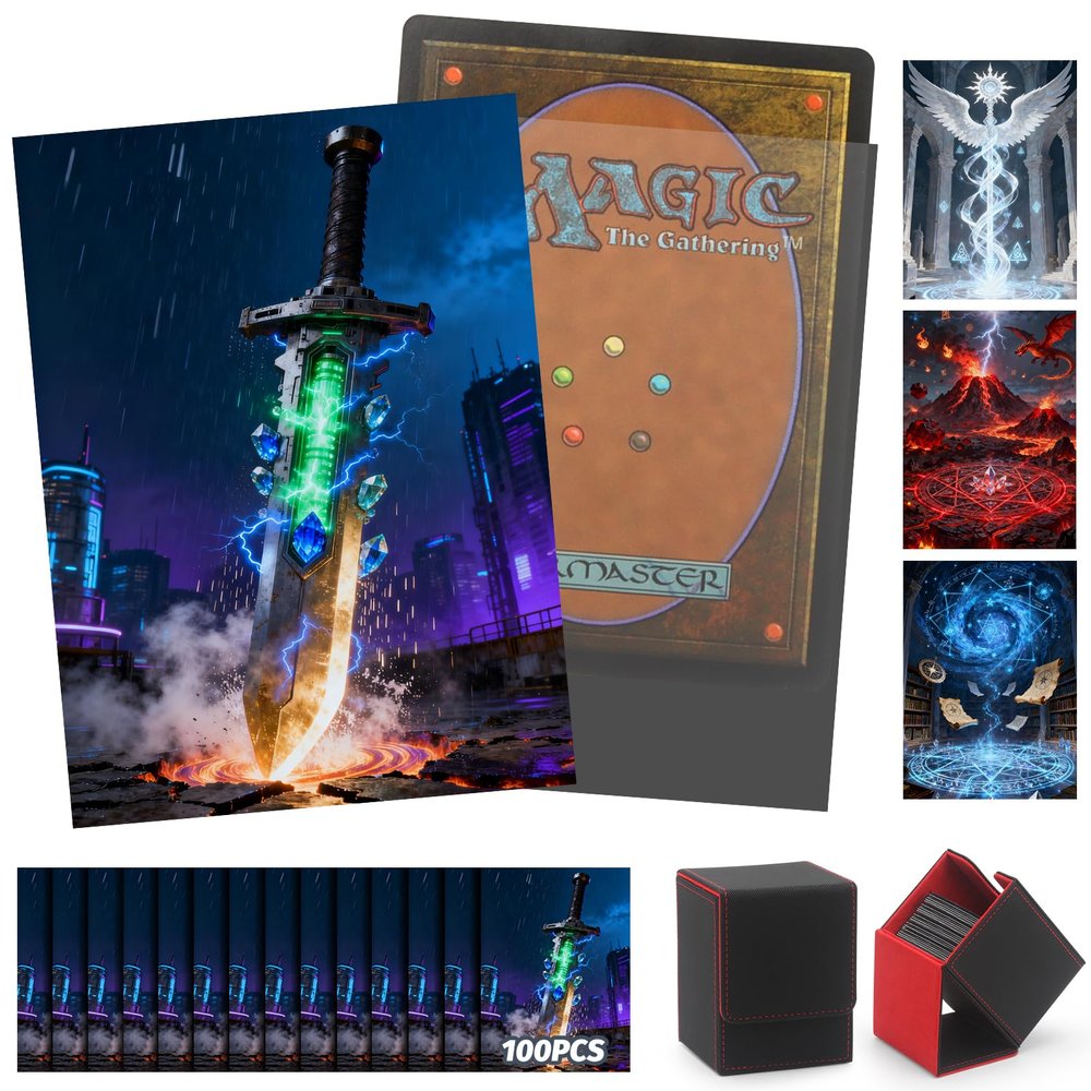 100 MTG Card Sleeves and Commander Deck Box Set, Clear Front & Matte Art Back, Smooth-Shuffle, Magnetic Box Fits 100+ Single-Sleeved Cards Protector for Magic The Gathering TCG (Fantasy Blade)