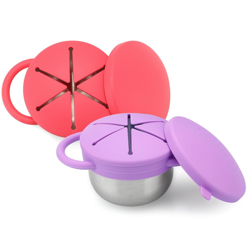 PandaEar 2 Pack Stainless Steel Snack Containers for Toddlers, Spill Proof Baby Snack Cups with Silicone Slotted Lids & Dust Covers, Travel Food Bowl with Handles, BPA Free (Rose Red & Purple)