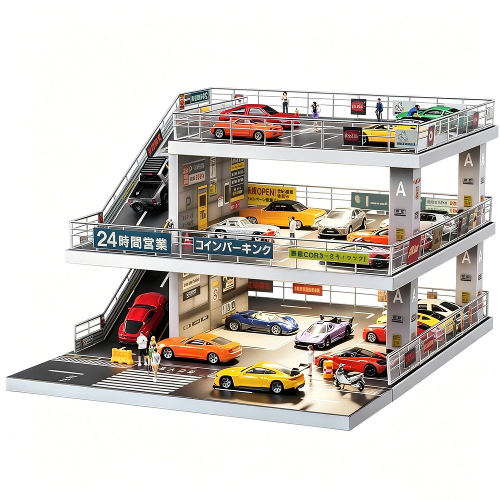 kivcmds Display Case for Hot Wheels & Matchbox,Lighted Ramp Scene Parking Garage Diorama for 1/64 Diecast Model Toy Car Trucks Storage Garage,Maximum Hold 50 Cars (Gray)